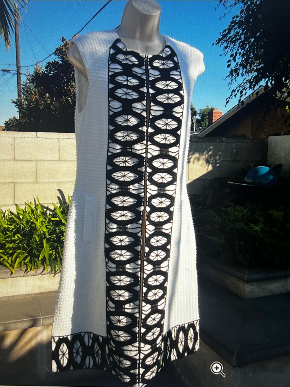 Sleeveless White Midi Shift Dress with Black Geometric Trim